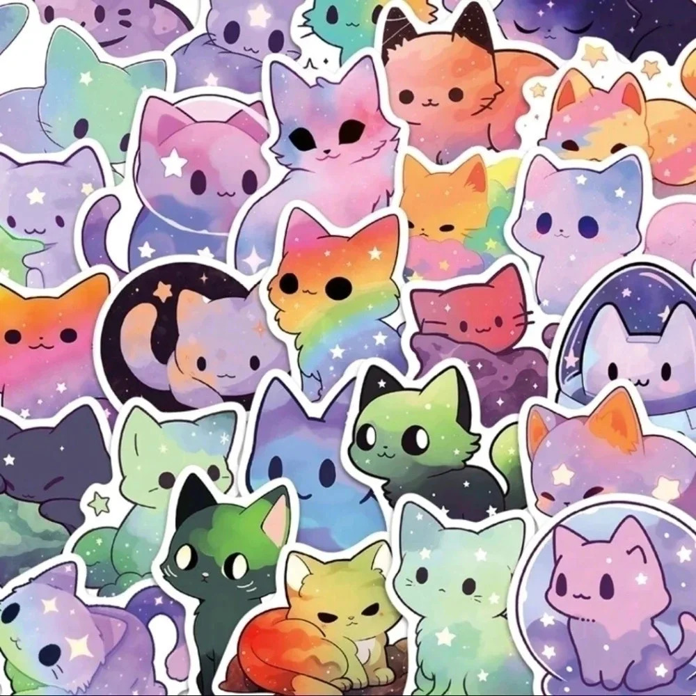 Cute fun 50 piece set vibrant vinyl stickers cat galaxy print rainbow print long